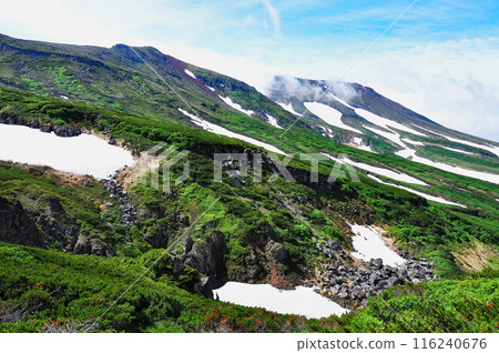 Hokkaido, Daisetsuzan traverse, looking up at Kumagatake from the middle of Nakadake Hokkaido, Daisetsuzan traverse, looking up at Kumagatake from the middle of Nakadake 116240676