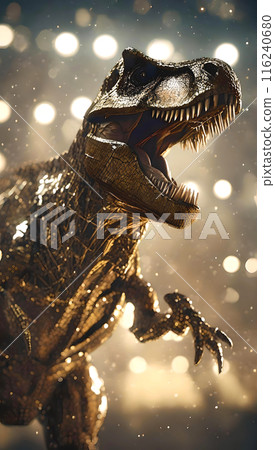 Roaring Tyrannosaurus Rex with golden metallic texture 116240680