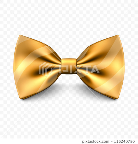 Vector Golden Color Realistic Bow Tie Icon Closeup, Isolated. Silk Glossy Bowtie, Gentleman Tie. Fathers Day Concept 116240780