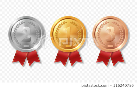 Vector 3d Realistic Blank Golden, Silver and Bronze Award Medal with Red Ribbons Set, Closeup, Isolated. Design Template for Certificates, Awards. Front View 116240786