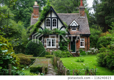 Cottage surrounded by greenery and vibrant gardens 116240815
