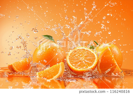 Juicy oranges splashing into water. Citrus fruits with water droplets 116240816