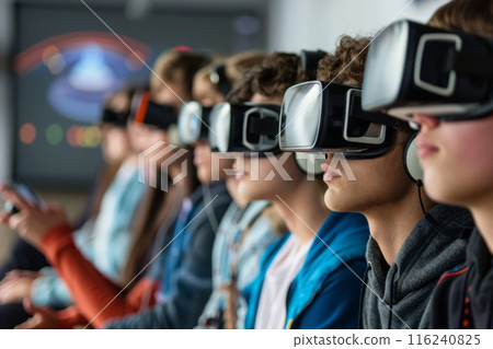 Group of teenagers wearing virtual reality headsets Group of teenagers wearing virtual reality headsets 116240825
