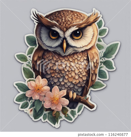 Owl with flowers on a gray background. Sticker. Vector illustration. 116240877