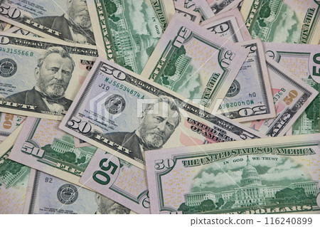 50 dollar bills, American dollars, fifty dollar banknotes, a lot of money 116240899