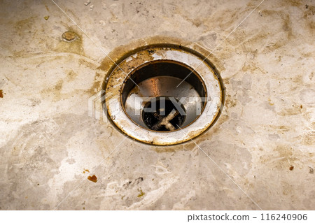 Dirty drain in the bathroom, cleaning service concept, old rusty shower drain 116240906