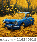 Old car in the autumn forest with fallen leaves. Fall background. 116240918