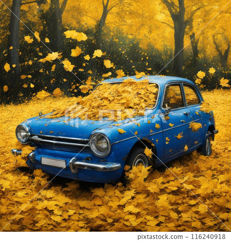 Old car in the autumn forest with fallen leaves. Fall background. Old car in the autumn forest with fallen leaves. Fall background. 116240918