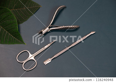 Manicure kit, professional grooming set, nail scissors with cuticle pusher, professional stainless steel pedicure manicure tools for fingernails and toenails on a dark background 116240948