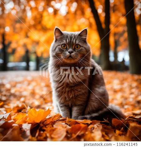 Beautiful scottish fold cat sitting in the autumn park. Beautiful scottish fold cat sitting in the autumn park. 116241145