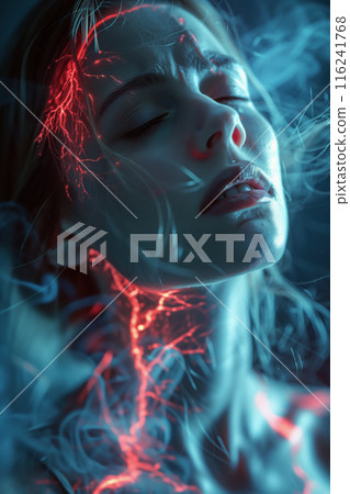 A woman suffers from severe headache. Migraine attack 116241768