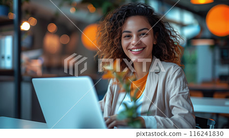 Young and beautiful business woman, using a laptop, working in a modern office 116241830