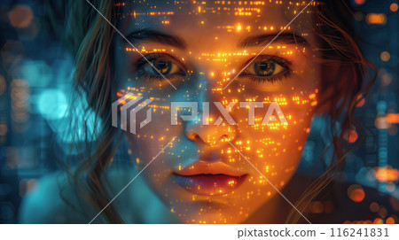 Close-up shot of a beautiful woman's face working with artificial intelligence technology. 116241831