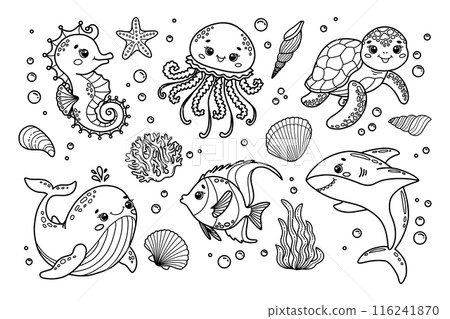 Set of vector illustrations of cute sea animals. Seahorse, jellyfish, whale, fish, shark, turtle, coral, shells Set of vector illustrations of cute sea animals. Seahorse, jellyfish, whale, fish, shark, turtle, coral, shells 116241870