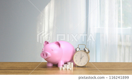 The piggy bank and clock for earn and saving concept 3d rendering. The piggy bank and clock for earn and saving concept 3d rendering. 116241899