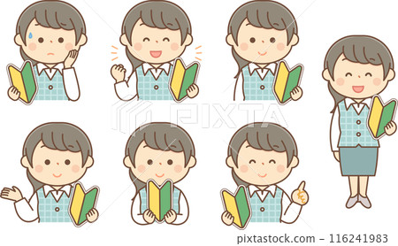 Set of female facial expressions of a clerk holding a beginner's mark 116241983