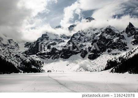 Frozen Lake Morskie Oko or Sea Eye Lake in Poland at Winter. Frozen Lake Morskie Oko or Sea Eye Lake in Poland at Winter. 116242078