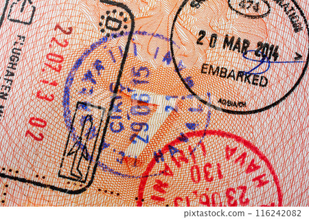 Stamps in a travel passport, entry and exit stamp, emigration, immigration, tourism concept 116242082