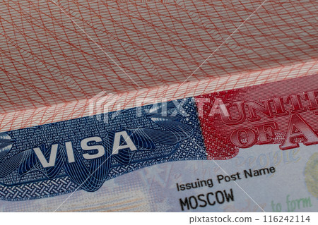 US visa stamp in a travel passport, United States of America immigrant, work and travel documents, emigration, immigration, tourism concept 116242114