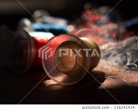 Spools of colored embroidery threads. Huge knot is haphazardly braided. Extreme macro. Beautiful story for intro. Title credits. Abstract screensaver. Handicraft entropy concept. Disorder measure 116242434