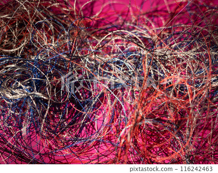 Chaotically tangled threads. Embroidery threads randomly woven. Huge knot. Extreme macro. Beautiful story for intro. Title credits. Abstract screensaver. Handicraft concept, entropy, disorder measure Chaotically tangled threads. Embroidery threads randomly woven. Huge knot. Extreme macro. Beautiful story for intro. Title credits. Abstract screensaver. Handicraft concept, entropy, disorder measure 116242463