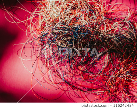 Chaotically tangled threads. Embroidery threads randomly woven. Huge knot. Extreme macro. Beautiful story for intro. Title credits. Abstract screensaver. Handicraft concept, entropy, disorder measure Chaotically tangled threads. Embroidery threads randomly woven. Huge knot. Extreme macro. Beautiful story for intro. Title credits. Abstract screensaver. Handicraft concept, entropy, disorder measure 116242484