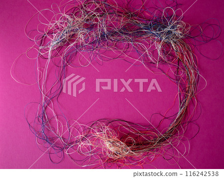 Frame. Chaotically tangled threads. Embroidery threads randomly woven. Knot. Extreme macro. Beautiful story for intro. Title credits. Abstract screensaver. Handicraft entropy concept. Disorder measure Frame. Chaotically tangled threads. Embroidery threads randomly woven. Knot. Extreme macro. Beautiful story for intro. Title credits. Abstract screensaver. Handicraft entropy concept. Disorder measure 116242538