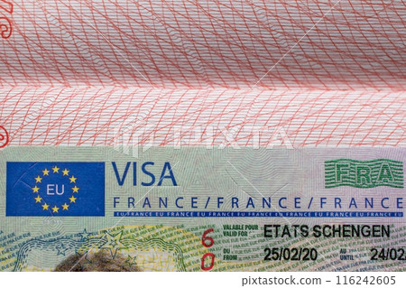 French visa stamp in a travel passport, France Schengen visa, immigrant, work and travel documents, emigration, immigration, tourism concept 116242605