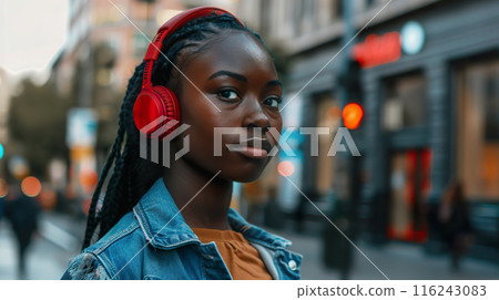Young Female with Red Headphones in denim jacket in Urban Setting. 116243083