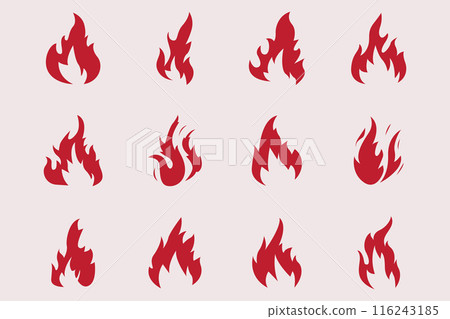 Flat design fire logo set flame element collection simple silhouette illustration fire icon symbol template 116243185