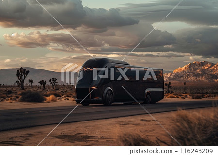 premier transportation services traveler's experience. A sleek vehicle against a panoramic landscapes 116243209