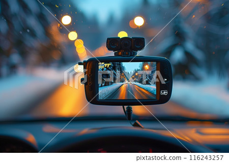 Modern dashboard camera in a car, view of road during driving 116243257