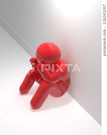 A person sitting against the wall and holding his head, depressed, icon, red, vertical, 3D illustration A person sitting against the wall and holding his head, depressed, icon, red, vertical, 3D illustration 116243267