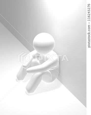 坐在牆壁圖示附近的抑鬱者白色垂直 3D 插圖 坐在牆壁圖示附近的抑鬱者白色垂直 3D 插圖 116243276