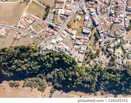 Top view Village and Cliff at Bromo Volcano in Tengger Semeru national park, Java, Indonesia 116243331
