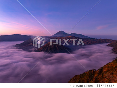 Aerial view Mountains at Bromo volcano during sunrise sky,Beautiful Mountains Penanjakan in Bromo Tengger Semeru National Park,East Java,Indonesia.Nature landscape background 116243337