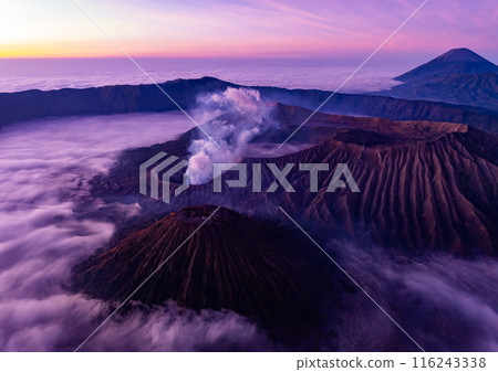 Aerial view Mountains at Bromo volcano during sunrise sky,Beautiful Mountains Penanjakan in Bromo Tengger Semeru National Park,East Java,Indonesia.Nature landscape background 116243338
