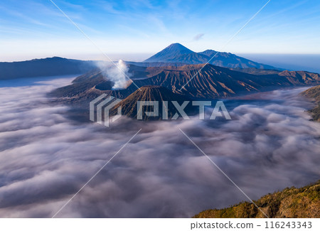 Aerial view Mountains at Bromo volcano during sunrise sky,Beautiful Mountains Penanjakan in Bromo Tengger Semeru National Park,East Java,Indonesia.Nature landscape background 116243343