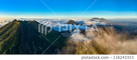 Aerial view Kawah Ijen volcano with turquoise sulfur water lake at sunrise.Amazing nature landscape view at East Java, Indonesia. Natural landscape background Aerial view Kawah Ijen volcano with turquoise sulfur water lake at sunrise.Amazing nature landscape view at East Java, Indonesia. Natural landscape background 116243353
