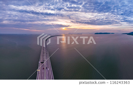 Amazing aerial view of the Penang Bridge in night sky Amazing aerial view of the Penang Bridge in night sky 116243363