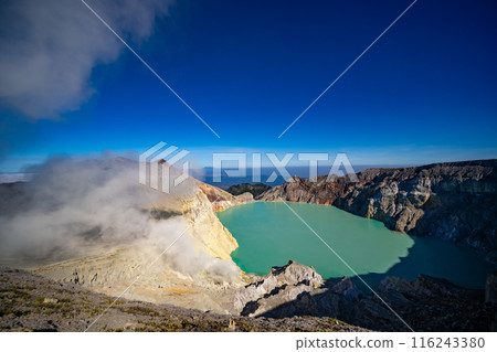 Aerial view Kawah Ijen volcano with turquoise sulfur water lake at sunrise.Amazing nature landscape view at East Java, Indonesia. Natural landscape background Aerial view Kawah Ijen volcano with turquoise sulfur water lake at sunrise.Amazing nature landscape view at East Java, Indonesia. Natural landscape background 116243380