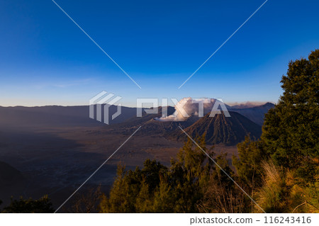 Aerial view Mountains at Bromo volcano during sunrise sky,Beautiful Mountains Penanjakan in Bromo Tengger Semeru National Park,East Java,Indonesia.Nature landscape background 116243416