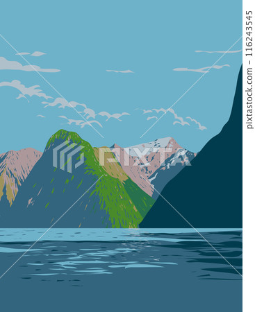 Milford Sound in Fiordland National Park New Zealand WPA Poster Milford Sound in Fiordland National Park New Zealand WPA Poster 116243545