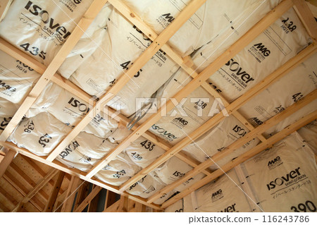 Insulation at a new home construction site Insulation at a new home construction site 116243786