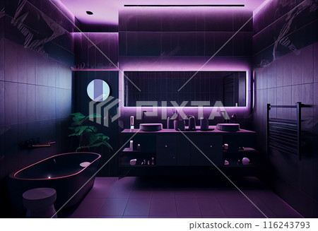 Black modern bathroom, stylish lighting and elegant decorations Black modern bathroom, stylish lighting and elegant decorations 116243793