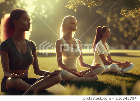 Young Women Embrace Serenity in Group Yoga Meditation Young Women Embrace Serenity in Group Yoga Meditation 116243794