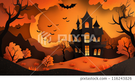 A layered paper-style realistic illustration of a mansion and bats silhouetted mysteriously on a Halloween moonlit night A layered paper-style realistic illustration of a mansion and bats silhouetted mysteriously on a Halloween moonlit night 116243826