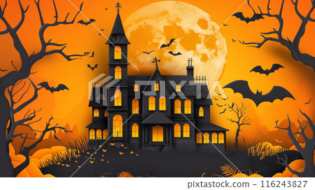 A layered paper-style realistic illustration of a mansion and bats silhouetted mysteriously on a Halloween moonlit night 116243827