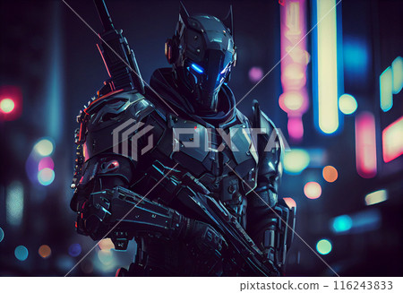 A robotic soldier against the backdrop of the city of the future A robotic soldier against the backdrop of the city of the future 116243833