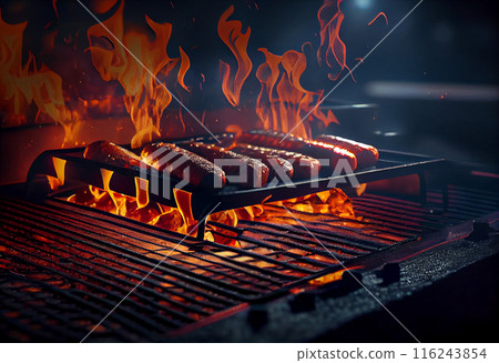 Juicy Sausages Grilling on Barbecue Grate 116243854